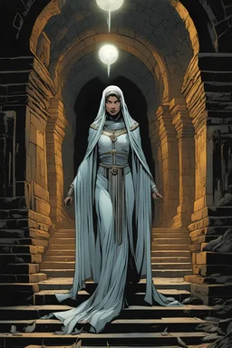 The high priestess of the god of death walking through catacombs. Mark Brooks and Dan Mumford, comic book art,