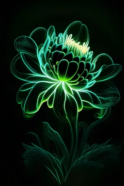 Stunning illustration of flower, glowing in the dark with PaleGreen neon light, centered on a black background, in the style of pop surrealist artist, fine art, illustration