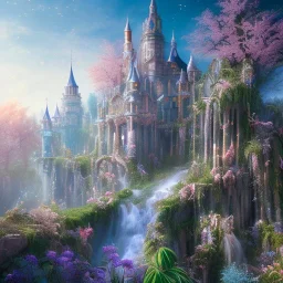 8K realistic dreamscape with magical white castle, Cascades of bright flowers, majestic, intricate, masterpiece, insanely detailed, cinematic smooth, intricate details , soft smooth lighting, soft smooth pastel colors, iridescent accents