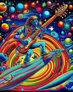 Rock and Roll Guitar Player playing a six string les paul guitar and Surfing on a Rocket in outer space with colorful planets around him in the style of Laurel Burch.
