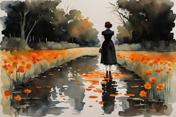 Night, one woman, orange flowers, gothic horror movies influence, puddle, epic, winslow homer watercolor paintings