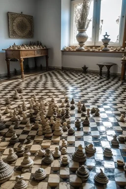 a house of sea shells and on the floor is a huge chess board