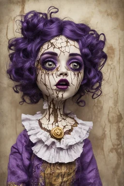 full color, illustration of a darkpurple and gold tones, menacing, Singer Melanie Martinez face, as a decayed, broken, crude homemade cloth doll toy, with a narrow cracked porcelain face, thick dark eyebrows, hair in two gradually, made from ragged strips of cloth, in the style of Alex Pardee, Tim Burton, and Nadya Sheremet