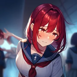 Clear focus, High resolution, medium length hair, cyan hair, red hairs, wearing a sailor uniform, crying