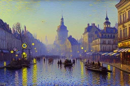 Sunny day, cyberpunk city, moedern cars, alfred sisley impressionism painting