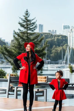 full body shot of beautiful lady with her 4 years old duather in jacket and pants standing simple background