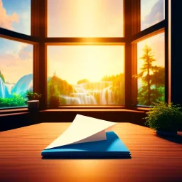 desk, parquet, sheet of paper, little pen, in front of one huge bay window with large view on a waterfall with warm light, sunset ,pixar style, panorama, nature, globe, HD