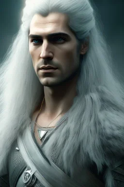 Henry cavil face, Crystal yellow eyes, long white hair, wearing The witcher 3, realistic, 4k, intricate, best quality, fog particles, fire particles, octane render, vray, sword fire