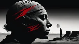 black and white portrait, a human face in profile, gaze into nothingness, three red engraved stripes on the face, background behind it a surreal, barren landscape, ruins, and a black sun. dark, thriller, gloomy vibe, utopian, dramatic