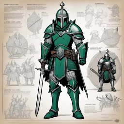 ConceptSheet for AD&D in the comics Head Lopper style by Andrew MacLean: the green knight Arthurian Lore Concept: helmet, armour, and weapons with their blueprint: sword, shield, helmet, plate, and all the package of a knight-errant