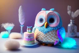cute chibi plushy fluffy knitted and embroidered natural colored owl with cake in a kitchen, feathers, iridescent flowers incorporated, light emitting, bioluminescent holographic room, silver foil, sparkling diamonds, holographic raw pearls, ethereal, cinematic postprocessing