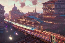 close up train+Elevated train+rome corner building+Italian colourful sea village +alphonse mucha, greg rutkowski,matte painting, cryengine, hyper detailed, felix kelly, fantasy art, seb mckinnon