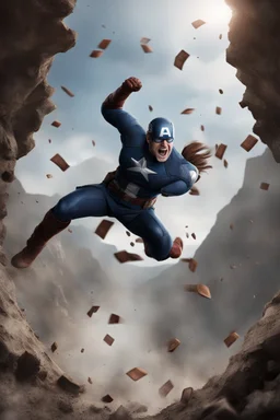 Create a picture of captain america falling from the skye to a pit