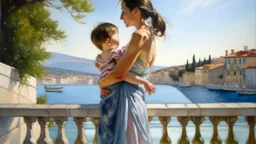 Neoclassicism mother giving child a kiss whole body zoom out realistic cote d'azur painting from the back