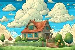 illustration, a house, garden, lots of clouds