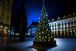 a personified fairy-tale lighted Christmas tree with a big muzzle sits on a bench in front of the city hall in Levice on the square, rolling its eyes and drinking champagne with a mouth whose lips are enlarged with botox as if painted by vincent van gogh