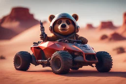 lowpoly yogi bear driving highly symmetric metallic rocket propelled mad max ATV that looks like a helmet with rounded glass bubble roof in red desert, bokeh like f/0.8, tilt-shift lens 8k, high detail, smooth render, down-light, unreal engine, prize winning