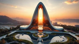 A futuristic skyscraper designed with sweeping hyperbolic curves, where the entire façade is made of reflective glass. The building rises gracefully toward the sky, with its symmetrical hyperbolic arc creating a sense of balance and elegance. Surrounding the structure are lush gardens and flowing water features that mirror the curves of the building. There are mountains in the distance. Beautiful lighting at sunrise. Award-winning photograph.