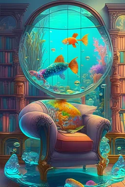 An aquarium glass cat shaped aquarium with fish, colorful fish, in an old style cozy library with a comfortable armchair to sit in and a large aquarium with fish, colorful fish