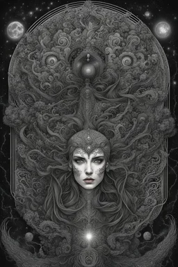 mystical female weird creature, mystic dark matter, dark energy, Fibonacci sequence, dark shadows, etheral, mist, ezoteric, mystic dark sky, surreal, sensitive, sinister, dark fantasy, space between the living and the dead, creepy, inks, splash, intricately detailed, sharp focus, cinematic, masterpiece