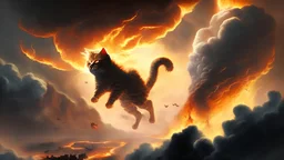 cat flying on a cloud, over a hellscape of fire and brimstone, with a shadowy figure in the background