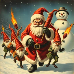 there is no kebabs at christmas, evil Santa, evil gnomes running around, staring flaming eyes, evil Rudolf, very big evil angry Frosty the snowman in background, kebabs and kebab, 1940 christmas postcard