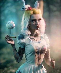 Ultra realistic wonderland photo, happy blonde Alice smoking a pipe, blue dress, white rabbit pet, circus dress style, old school tattoo, smoke, marijuana garden, glow eyes, perfect iris, soft color, highly detailed, unreal engine 5, ray tracing, RTX, lumen lighting, ultra detail, volumetric lighting, high definition.