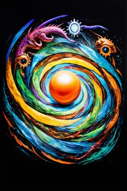 "The Still Point" is a surreal, philosophical art piece where abstract concepts become tangible. At its center, a vortex of swirling colors and bizarre forms spirals inward, leading to a perfectly calm, luminescent orb. This still point is the "point of maximum engagement," symbolizing focus, deep meditation, or the moment of creative breakthrough. Around this axis, the artwork explodes with weird and wonderful symbols. Half-realized creatures, disembodied eyes, twisting gears, and ancient rune