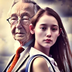 a young woman sitting next to a older man, portrait, 8K, close-up face, anatomically perfect face, Highly detailed stunning full frame portrait, misty and cloudy atmosphere