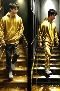 Oil painting Jungkook walks and his steps turn into goldPhotorealistic