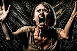 woman screaming in fear, like in a movie, reference image, real photography woman, illustration background