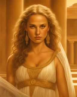 Closeup of young Actress Natalie Portman as Aphrodite at age 28 with gorgeous long curly hair and brown-hazel eyes, no mistakes, flawless painting, beautiful art, Greek Ruins in the Background, sexy body, wearing a Roman Toga of sheer tulle, realistic, hyper-realistic, life-like; by Ricardo Chavez-Mendez; Deep Colors; 8K