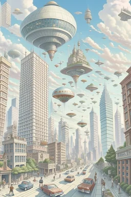 a futeristic city with flying cars and humans walking on air and lifts magicaly going up and down and skyscrapers.