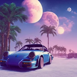 1980's aesthetic vaporwave palm trees with moon with porsche in the winter snow with lightning