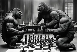 a Godzilla and king kong playing a game of chess