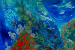 A cerulean blue warped coral reef painted by Claude Monet