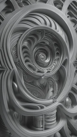 optical illusion 3D, monochrome, bas-relief 3D effect, photorealistic , in the style of H.R.Giger, geometric, spirals, symmetric, high contrast, side light , modern, stylish, futuristic, surreal, intricated details, high resolution, octane render , unreal engine 5