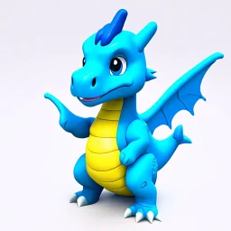 3D cartoonish cute blue dragon character big head full body, small wings, pastel colors, plain white background