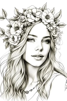 Draw a pencil sketch with white background of the face of a beautiful lady having white hair on her shoulders and wearing a flower crown on her head and flower necklace and flower earings