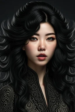 portrait of a fantasy asian goth woman with wavy black hair, fantasy style, realistic style, highly intrictae details, high quality, 8k