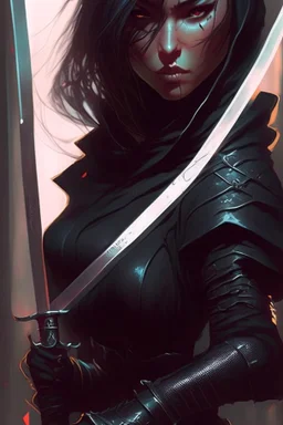 a woman in a black outfit holding a sword, concept art | artgerm, beautiful female assassin, snake assassin, ninjala, greg rutkowski and artgerm, 2. 5 d cgi anime fantasy artwork, cyberpunk assassin, female assassin, marc brunet, portrait ninja gaiden girl, anime fantasy artwork, kunoichi