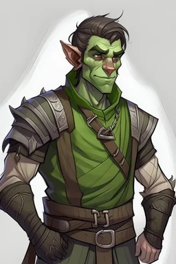 half orc twenty one year old male wearing gray and green rogue clothing, mischievous and jolly