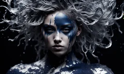 papercut 3d portrait of young woman, dark fantasy, beautiful, dark eyes, dark make up, streaks of paint, paint blobs and smears, paint powder, textured, silver, molten metalics, wild hair, high definition, octane render, 8k, backlit,