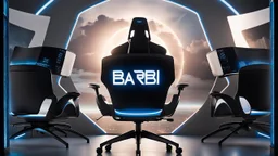 photo from a black producer chair siluette in a futuristic cybertech studio, around many monitors and circle windows to the sky, the inscription capture word text on the back of the chair "Barbi", Professional photography, bokeh, natural and blue-white lighting, perfect shot, sharp focus, professional photo