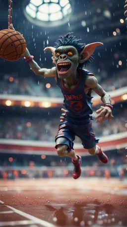 full figure portrait of a giant dunking basket player vampire werewolf goblin gremlin hanging long jump over wet soil in front of dome court, in the style of Gorillaz,bokeh like f/0.8, tilt-shift lens 8k, high detail, smooth render, down-light, unreal engine, prize winning