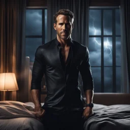 Hyper Realistic Muscular Ryan Reynolds looking handsome in a black formal dressing in a dark-cozy-bedroom with huge-windows-&-thunderstorm-view-outside at dark night