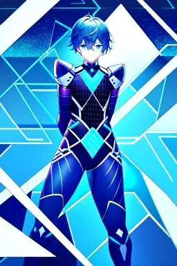 neon blue, floating triangle of light orbiting behind the back, cyber armor, geometric patterns on armor, male, orbiting triangle