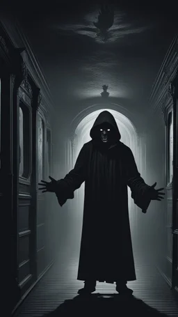 a black hooded shadow standing and folding hands up alone in a sleepless night inside a dark train in a delusional state haunted by ghostly images, paint it in the baroque style, as if the man is horrified