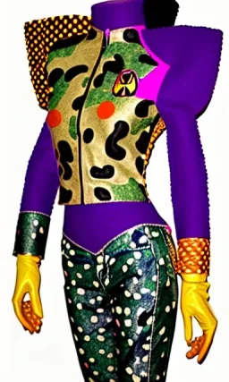 Asa akira as model. Camouflage colors are terracotta, cream and purple, lilac and Cream latex, imperial yellow, red plum. Printed Dots, plants.European daft punk woman. Mantle is sewed of recycled Denim and sewed together of recycled polymer felt. lace, Yellow(Munsell) areas. hint of orange as effect color!!Big bright purple/khaki felt tippet and cream or blue or lilac colored-hood. mantle is merged with satchel. . AKG-style headphones (gold rings!) is merged with felt cap, cyan small visor.