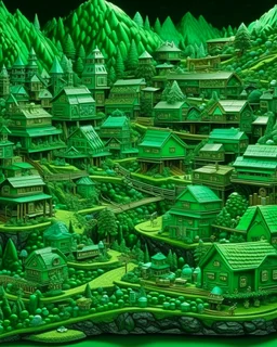 A green mechanical village with crystals painted by Frank Wilson
